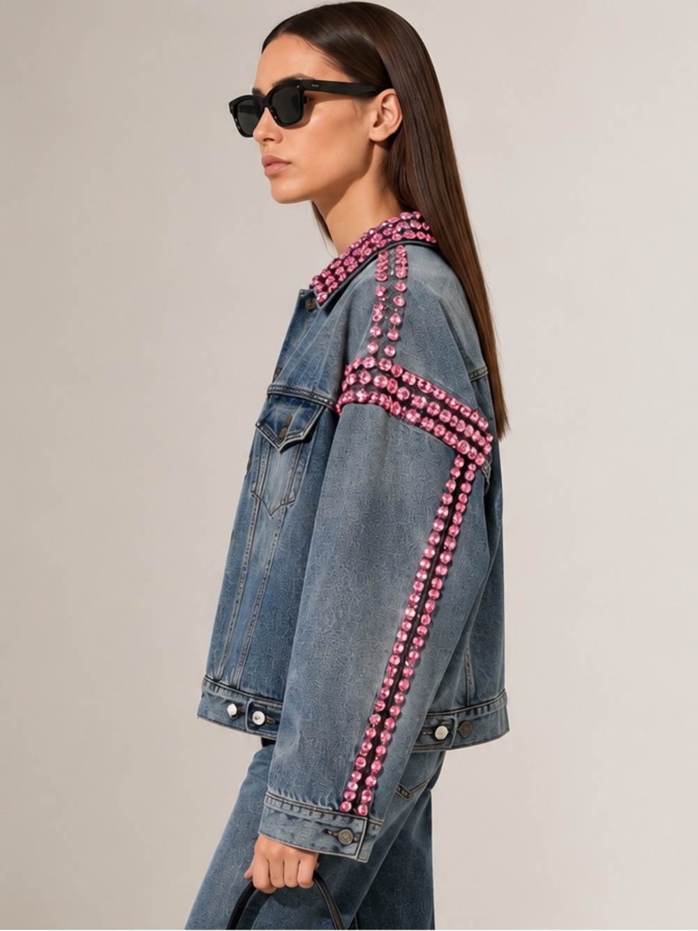 NWT PRADA RARE Denim Strass Washed Jean Jacket with Pink Crystals